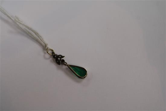 An Edwardian emerald and diamond set drop pendant, 22mm.